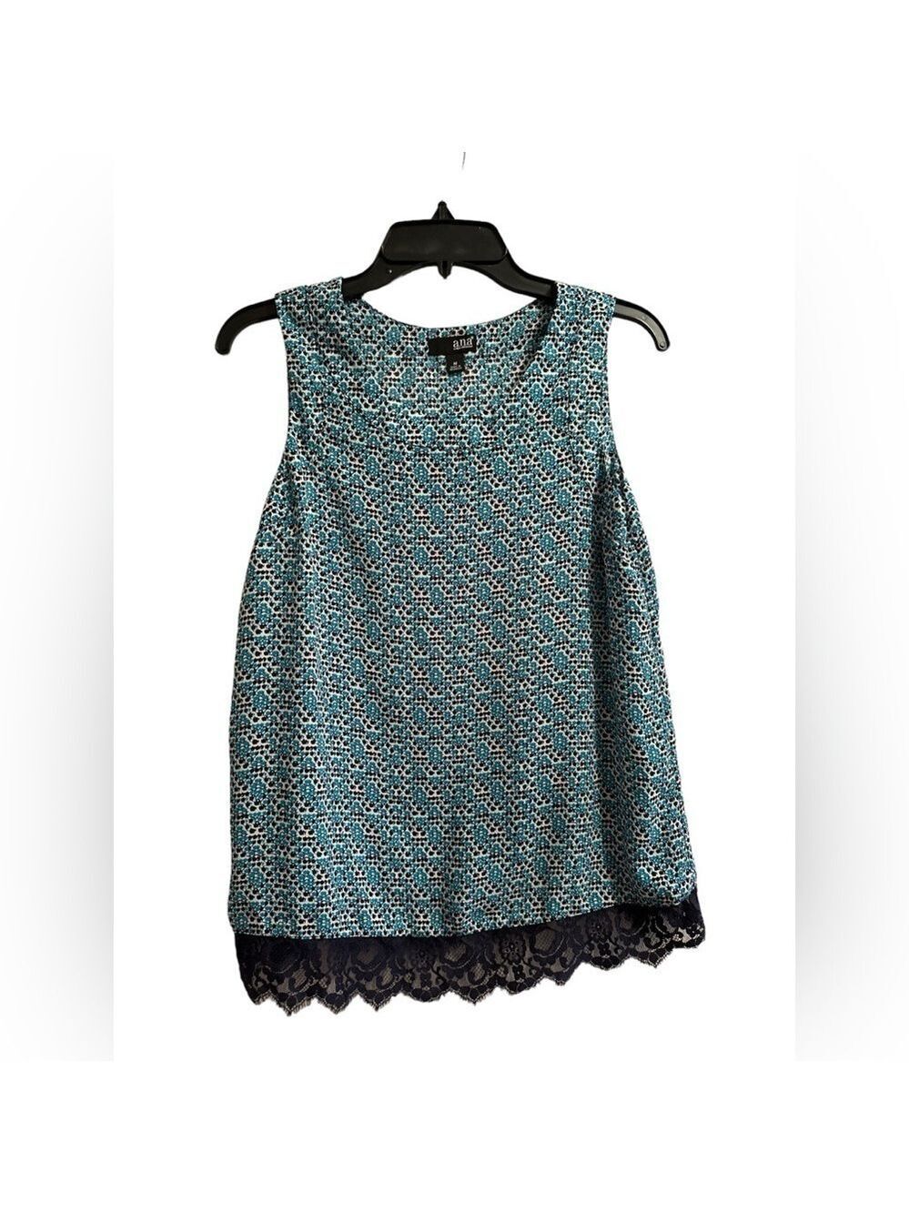 Ana Blue Summer Tank Top Camisole W/ Black Lace At Hem Womens Medium Sleeveless